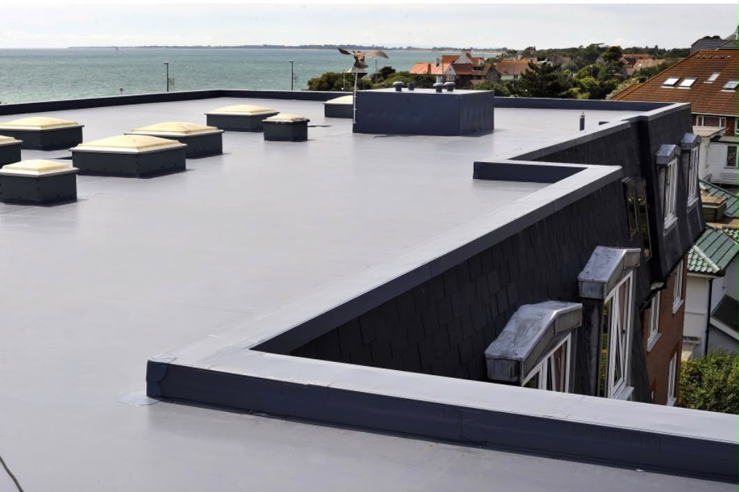 Completed grey Trocal PVC membrane roof with rooflights